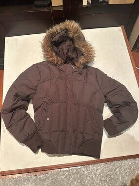 Calvin Klein Jeans Brown Puffer Jacket with Faux Fur Hood